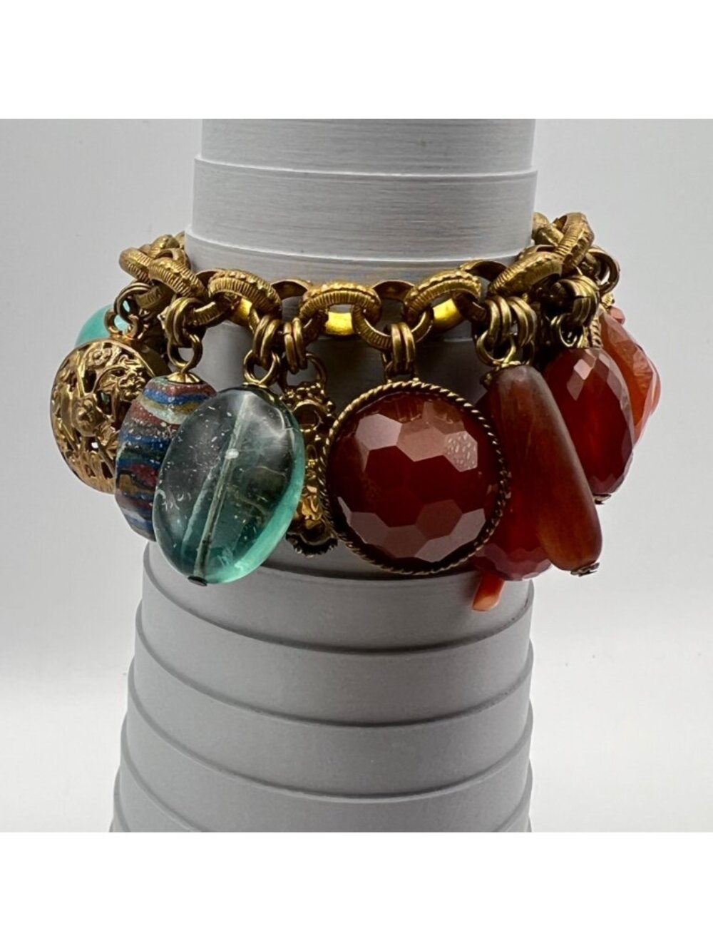 Stephen Dweck Charm Bracelet Vintage Bronze Turquoise Carnelian Gemstone - Picture 12 of 16